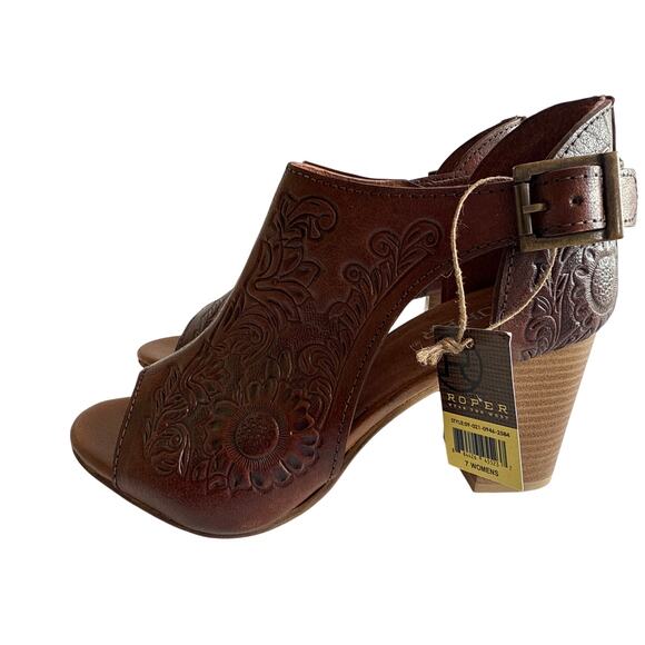 Roper Mika Mules Womens 7 Floral Tooled Leather Closed Back Buckle Peep Toe - Picture 6 of 12